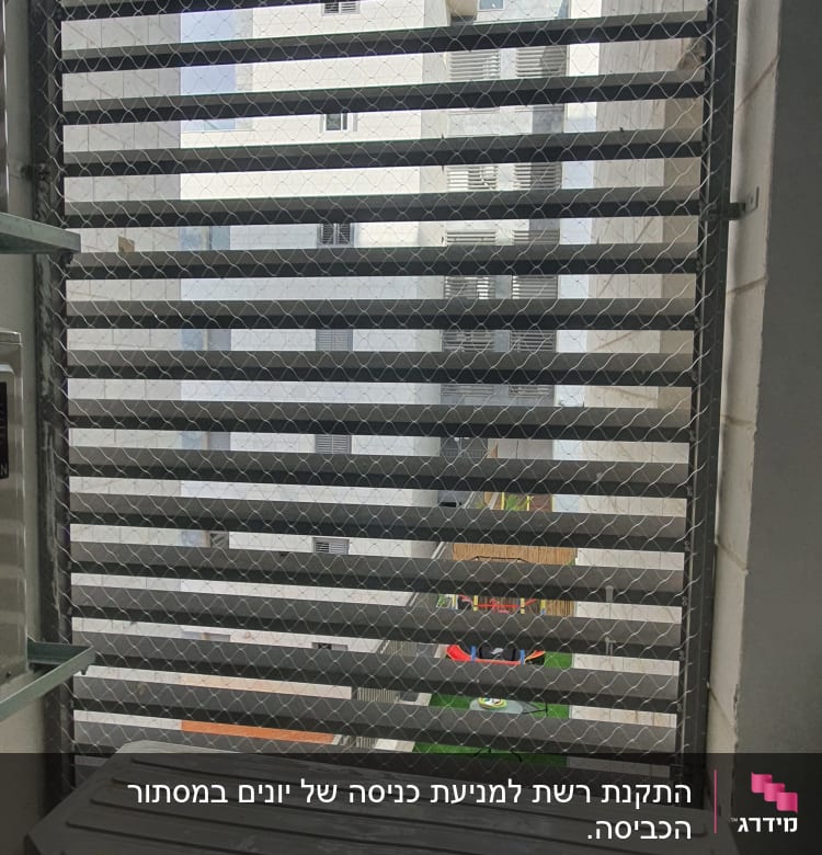 רשת מתכת על חלון למניעת כניסת יונים